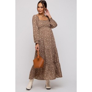 PinkBlush Mocha Floral Smocked Long Sleeve Maternity Maxi Dress - 1 of 4
