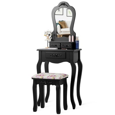 Tangkula Vanity Mirror Makeup Dressing Table Set w/ Stool Drawer Wood Desk