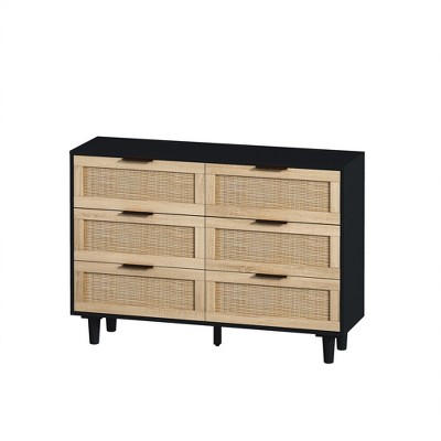 SEVOBAL Dressers 6 Drawer Rattan Storage Cabinet with Stylish Details for Cozy Bedroom and Living Room Practical Storage, Black, 15.75"*43.31"*29.53"