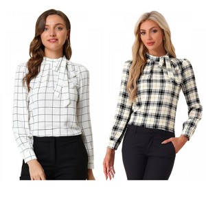 INSPIRE CHIC Women's Bow Tie Neck Keyhole Back Grid Checks Office Work Blouses 2 Packs - 1 of 4