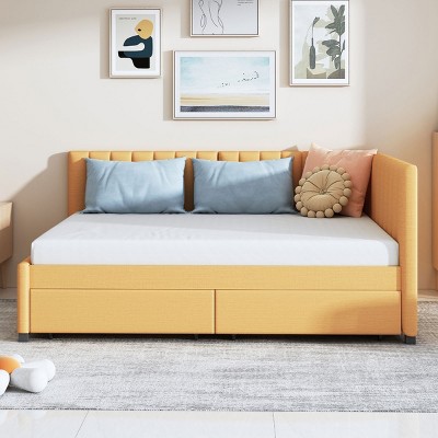 Full Size Upholstered Daybed with Storage Drawers and Backrest, Linen Sofa Bed for Bedroom or Guest Room-Baofuwish