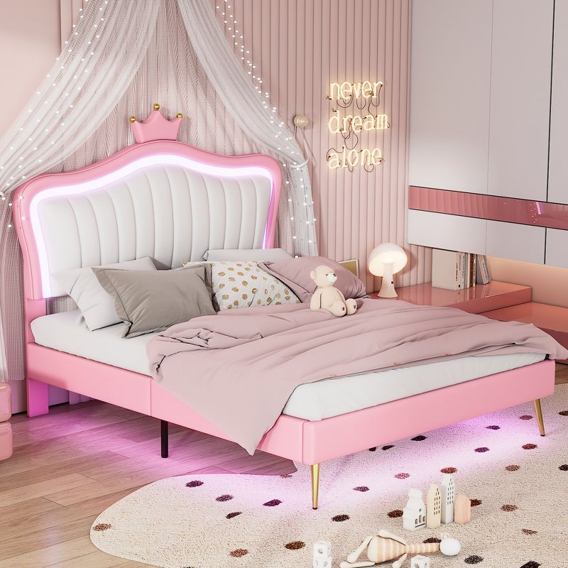 Queen/Full Size Upholstered Platform Bed Frame with LED Lights, Princess Bed with Crown Headboard-ModernLuxe, 2 of 13