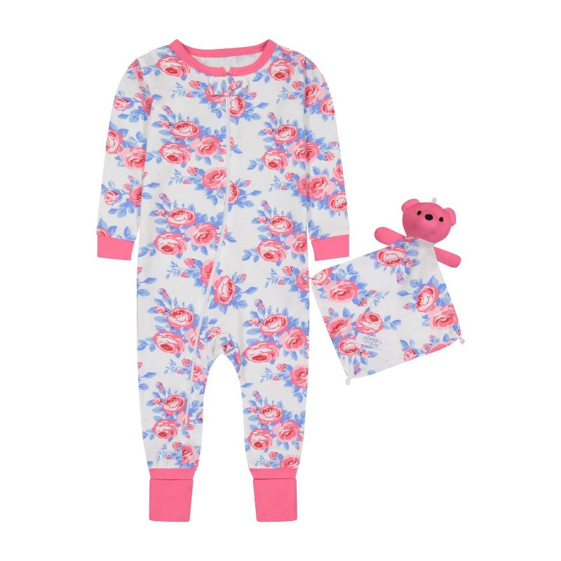 Sleep On It Infant Girls Long Sleeve Super Soft Snuggle Jersey Zip-Up Coverall Pajama with Matching Blankey Buddy, 1 of 6