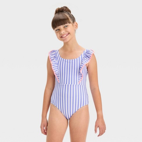 Girls' Tropical Charm Leaf Printed One Piece Rash Guard Swimsuit