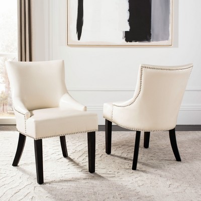 Transitional Flat Cream Leather Upholstered Side Chair with Nailhead Trim