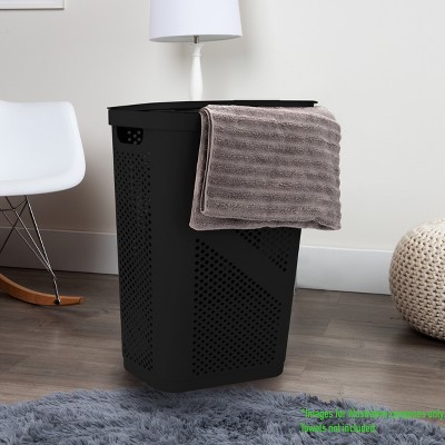 Black Perforated Plastic Upright Laundry Hamper with Lid