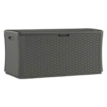 Suncast BMDB13400ST 134-Gallon Extra Large All-Weather UV-Resistant Wicker Pattern Deck Box with Lockable Lid for Garden, Garage, or Patio, Stoney