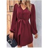 Coolmee Puff Long Sleeve Midi Dress for Women V Neck Button A Line Elegant Modest Flowy Short Dresses with Belt - 3 of 4