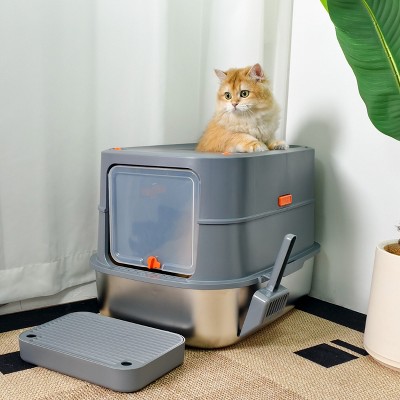 Artloge Extra Large Enclosed Stainless Steel Cat Litter Box High Side Leak-Proof Pet Cat Toilet Front Entry Top Exit Box with Pedal Mat & Tray & Scoop