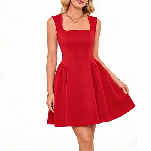 Women's Casual A-Line Mini Dress Square Neck Sleeveless Fit Flare Dress,RED,XL  : Target