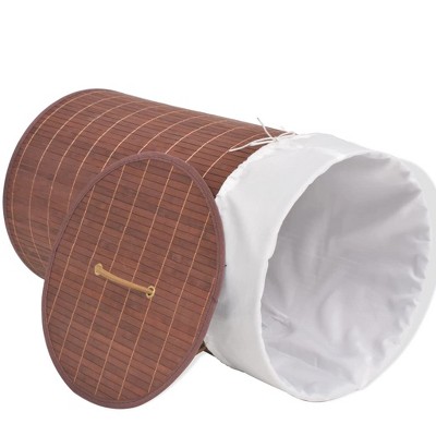 Round Brown Bamboo Collapsible Laundry Bin with Lid