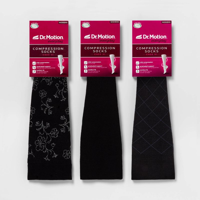Dr. Motion Women&#39;s Mild Compression 3pk Knee High Socks - Black Patterns 4-10, 3 of 7