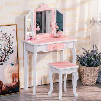 Trinity 2-in-1 Princess Vanity  Set ,Princess Makeup Table with Mirror, Stool, Tri-Folding Mirror & Drawer ,Pretend Play Dressing Table for Toddler Girls