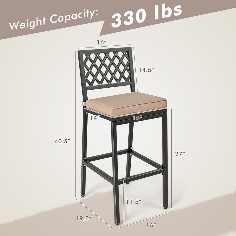 Costway Set of 2 Outdoor Bar Height Dining Chairs Patio Metal Bar Stools  with Cushion, 3 of 10
