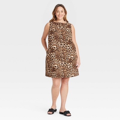 Women's Linen Woven Mini Shift Dress - Ava & Viv™ Brown Animal Print 1X