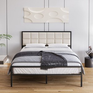 Faux Leather Platform Bed Frame with Upholstered Square Stitched Headboard - 1 of 4