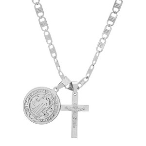Steeltime Men's stainless steel St. Benedict and cross pendant. Color Options: Silver, Gold - 1 of 4