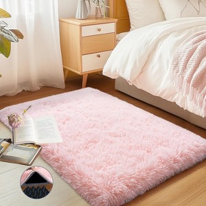 Grass Green Fluffy Shag Area Rug with Non-Slip Base & 4 Reusable Stickers, Soft Plush Mat - 1 of 4