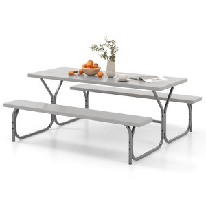 Tangkula Picnic Table Bench Set for 8 Person Outdoor Camping Table & 2 Benches with Metal Frame All-Weather Tabletop Black/Grey/Green/White - 1 of 4