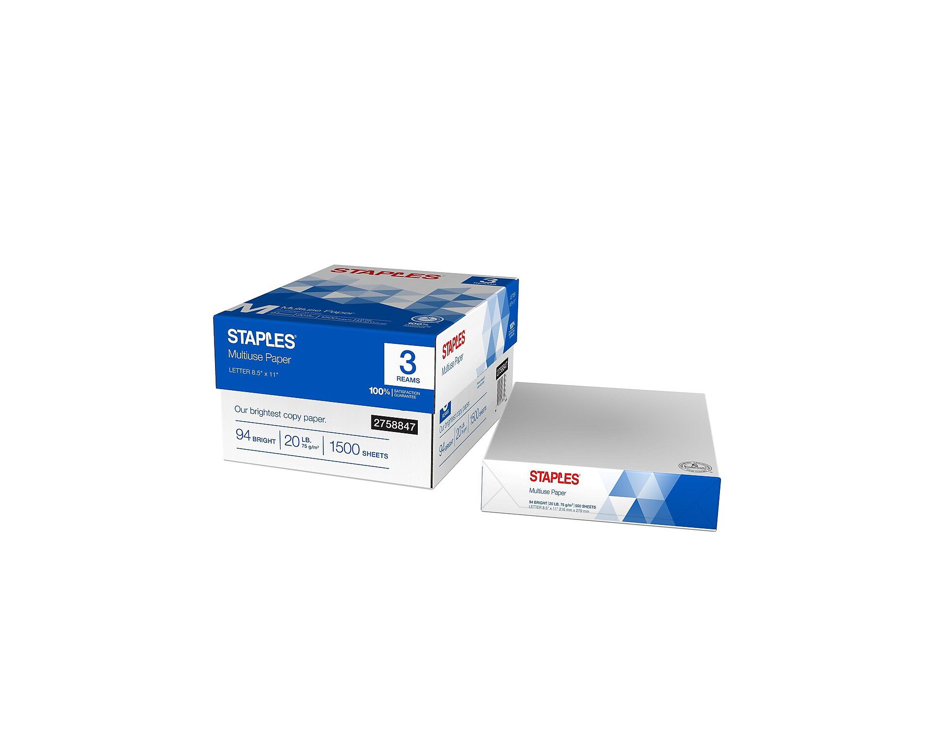 Staples Multiuse 8.5" x 11" Copy Paper 20 lbs 94 Brightness 500/RM 3 RM/CT 2758847