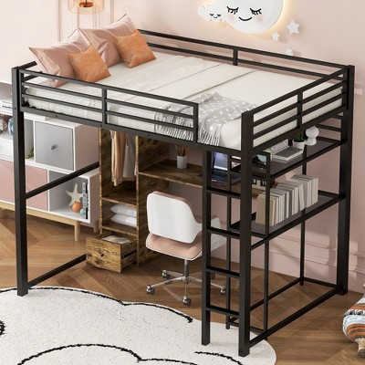 Whisen Full Size Metal Loft Bed with Built-in Wardrobe - Black