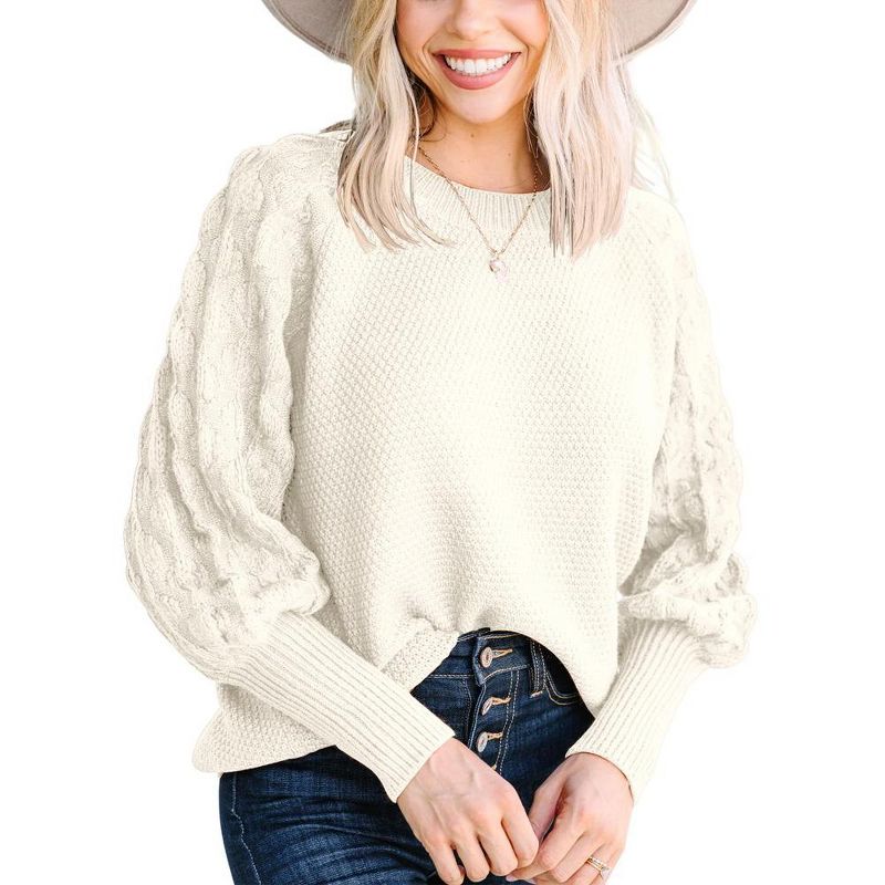 Womens Jersy Knit Chunky Sweaters with Puff Long Cuff Sleeve Comfy Pullover Sweater Crew Neck Jumper Solid Color Winter Sweater, 1 of 6
