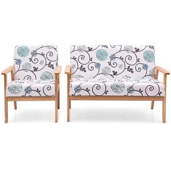 Tangkula 2 Piece Loveseat and Single Sofa Set Fabric Upholstered Couch & Accent Armchair White+Blue/Blue/Yellow Floral