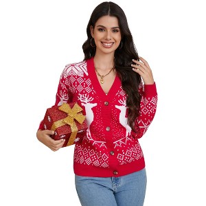 Women's Christmas Ugly Cardigans Sweater Button Down Open Front Ribbed Kint Long Sleeve Sweaters Cardigan - 1 of 4