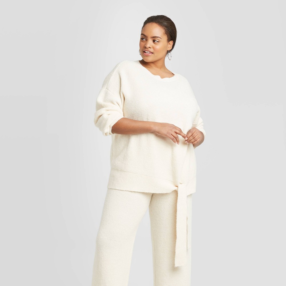 Women's Plus Size Crewneck Tie Waist Sweater - A New Day Cream 2X, Beige was $27.99 now $19.59 (30.0% off)
