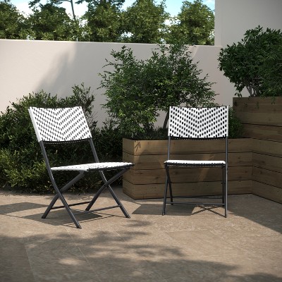 Black and White PE Rattan Folding Bistro Chairs with Metal Frames, Set of 2