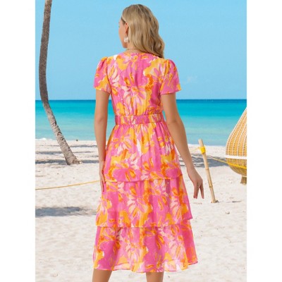 Женские платья INSPIRE CHIC Women's Floral V Neck Short Sleeve Ruffle Tiered Layered Swing Summer Midi Dress Hot Pink Small — фото 4