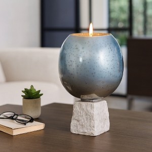 Glass Bowl Candle Holder with Marble Base - Decorative Pillar Candlestick Holder for Coffee Table Centerpieces or Bedroom Decor - Blue - 1 of 4