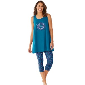 Dreams & Co. Plus Size Scoopneck Tank & Capri Legging PJ Set - 1 of 4