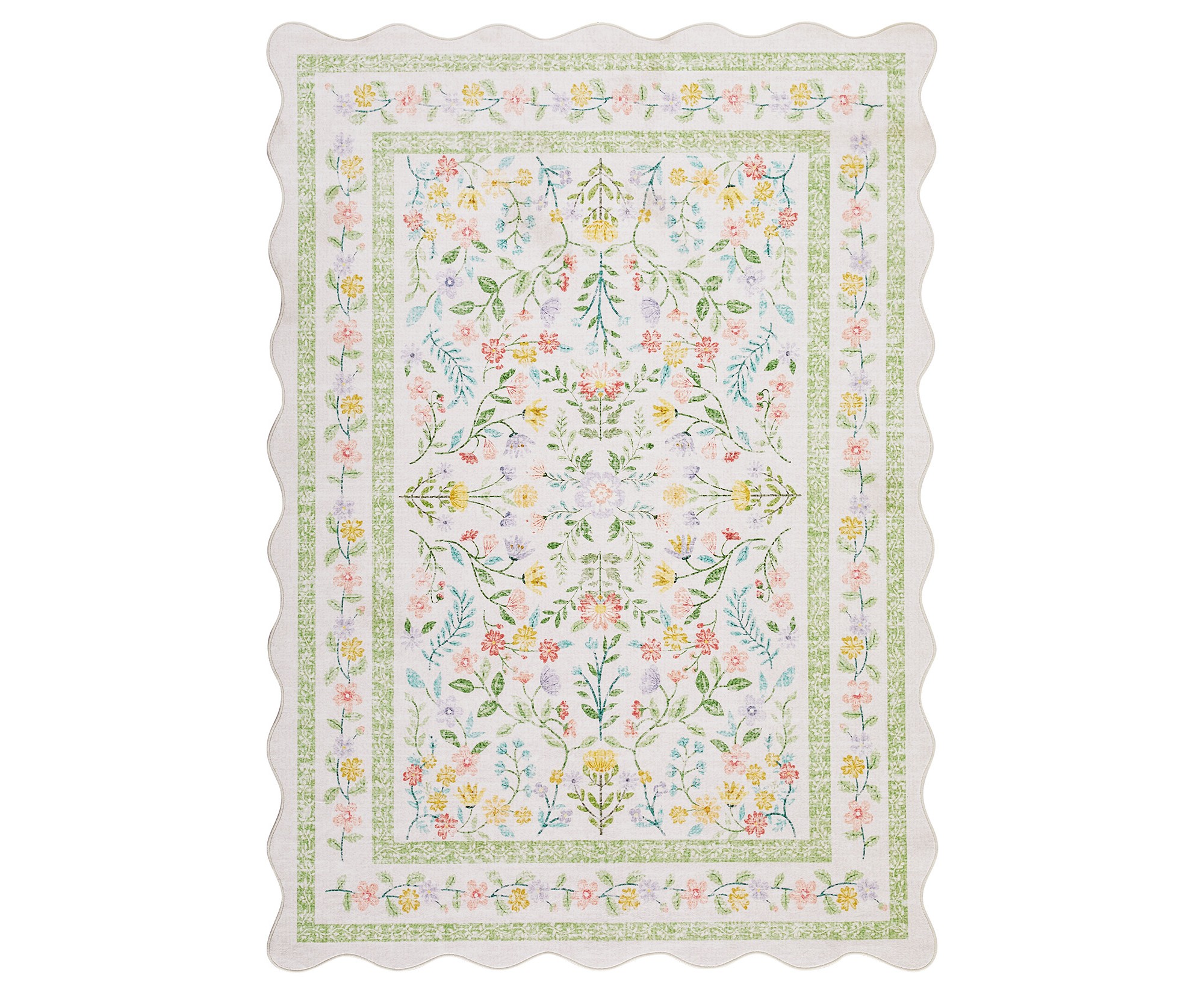 Coolmee Scalloped Area Rugs 8x10: Floral Non-Slip Washable Living Room Rug for Bedroom Office Boho Wildflower Soft Low-Pile Throw CarpetPink