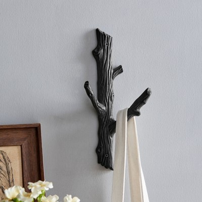 Rustic Brown Cast Iron Tree Branch Wall Mount Coat Hooks Set
