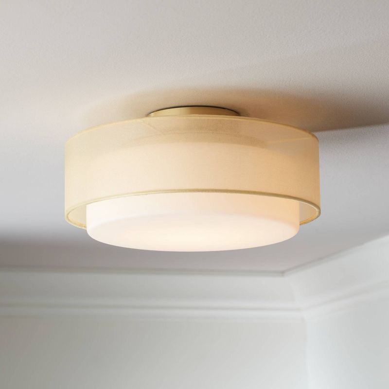 Possini Euro Design Ceiling Light Semi Flush Mount Fixture 12 1/2" Wide Plated Gold 2-Light Sheer Fabric Outer Opal White Glass Drum Shade for Bedroom, 2 of 8