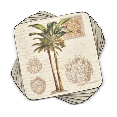 Pimpernel Vintage Palm Study Coasters Set of 6 with Cork Backing - Tropical Leaf Drink Coasters with Botanical Art Design for Heat & Stain Resistance
