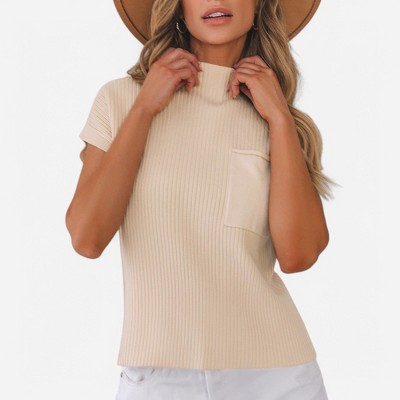 Amaryllis Women's Ribbed Knit Mock Neck Sleeveless Sweater Relaxed Fit with Front Pocket Chic and Cozy Transitional Layer