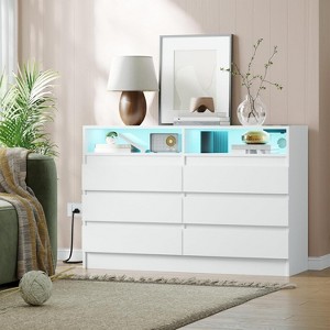 6 Drawer Double Dresser with Power Outlet, Accent Chests of Drawers with LED Light, Modern Storage Dresser with Charging Station - 1 of 4
