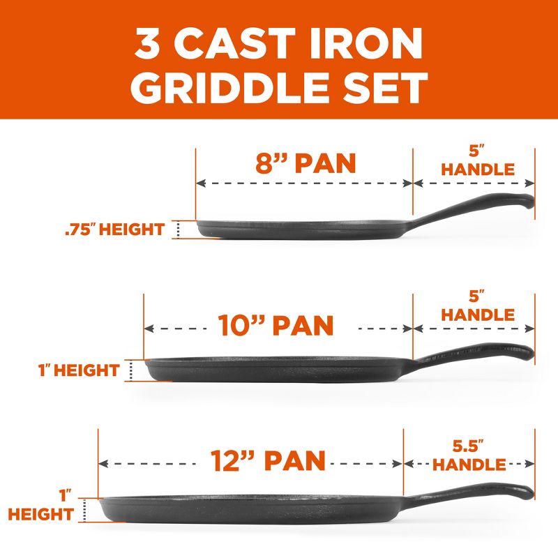 COMMERCIAL CHEF Pre-Seasoned Cast Iron 3-Piece Griddle Set, Black, 3 of 7