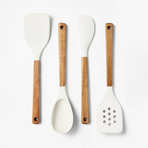 Figmint 4pc Silicone Kitchen Utensil Set Natural Wood