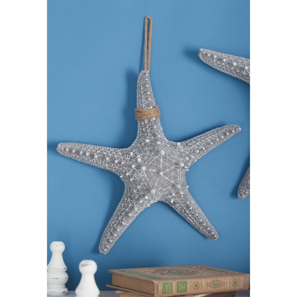 Photos - Wallpaper 14" x 14" Polystone Starfish Wall Decor with Hanging Rope Gray - Olivia &
