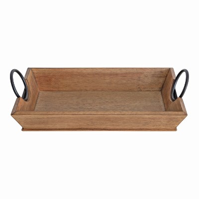 Rustic Brown 17'' Solid Rubberwood Decorative Tray with Metal Ring Holders
