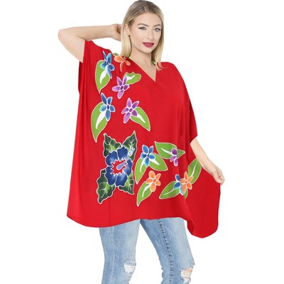 LA LEELA Women's Beachwear Swimsuit Coverups for Women Summer Swim Beach Dress Cover Ups for Swimwear Women Loose Party Bathing Suit 1X-2X Red, Floral