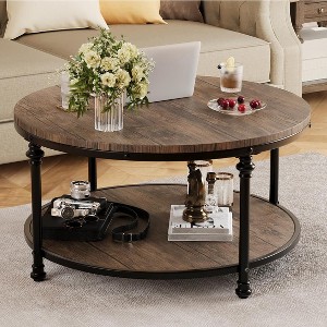 Round Coffee Table 34.25" Industrial Center Table with Storage Shelf 2-Tier Rustic Accent Center Table Wood Circle Coffee Table - 1 of 4