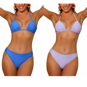 INSPIRE CHIC Women's Halter Solid Ruched Self-Tie Back Swimwear with Bottoms Bikini Combination Sets - 1 of 4