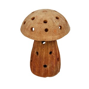 Storied Home Handmade Vintage Reproduction Terra-cotta Mushroom Shaped Candle Holder with Cut-Outs, Natural - 1 of 4