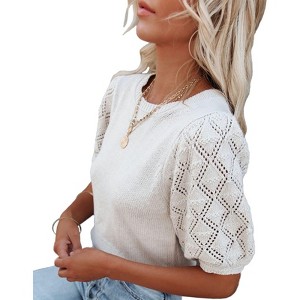 Women's Round Neck Short Sleeve Sweater Summer Casual Puff Sleeve Pullover Knit Top - 1 of 4