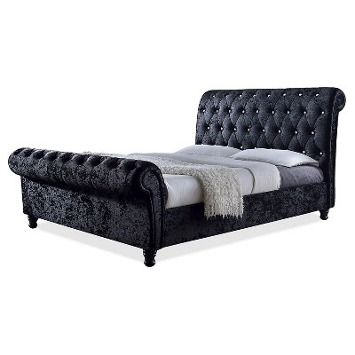 Queen Castello Velvet Upholstered Faux Crystal Buttoned Sleigh