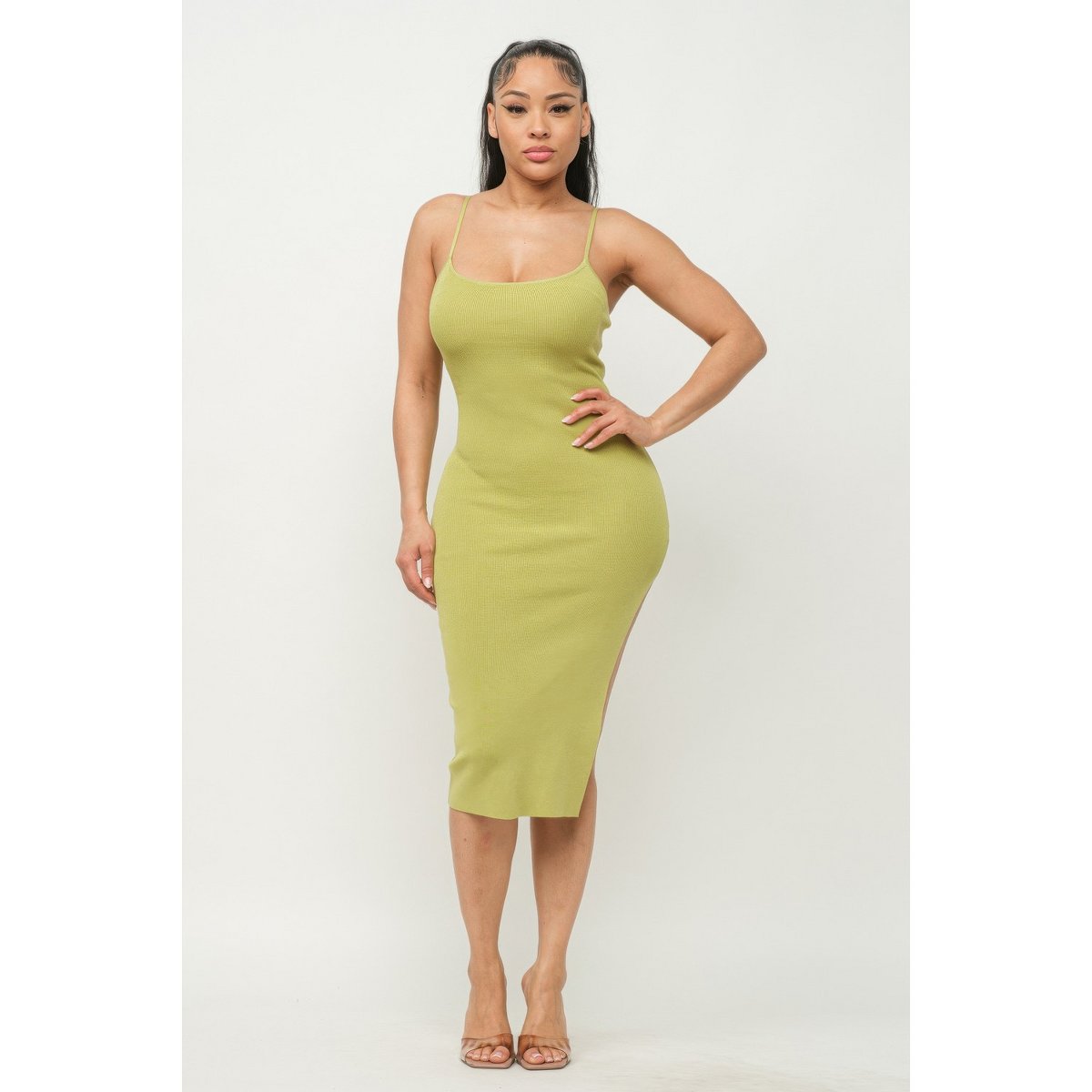 Женские платья Slickblue Bodycon Side Slit Midi Dress for Women Spaghetti Straps Cami Dress Trendy Summer Outfit, Green Bean, L — фото 3
